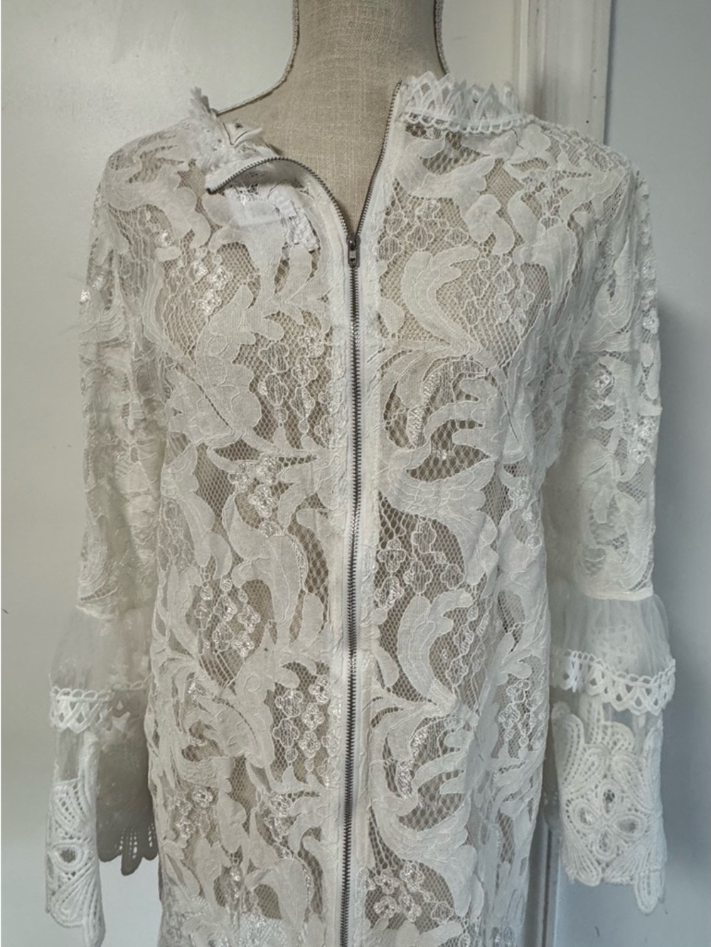 Women's White Lace Crochet Blouse with Tiered Bell Sleeves - Picture 5 of 11